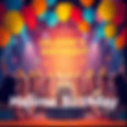 Colorful scene of a live event with guests celebrating Hajime's birthday, balloons, and a cake in the center.