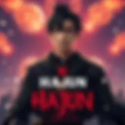 Hajun standing victorious A character named Hajun, with a confident expression, dressed in dark attire, surrounded by symbols of his victories in a fantasy setting.