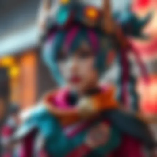 A detailed portrayal of a fan wearing a Hakari costume, showcasing vibrant colors and intricate design elements.