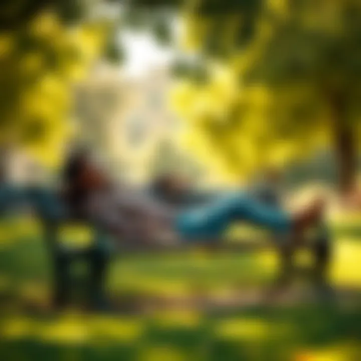 A relaxed person lounging on a park bench with a carefree smile, surrounded by greenery and sunlight, symbolizing good fortune.