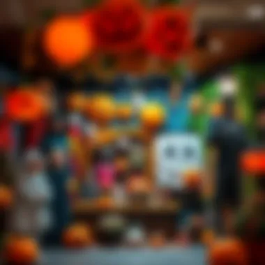 A variety of Halloween costumes and decorations displayed in a festive setting