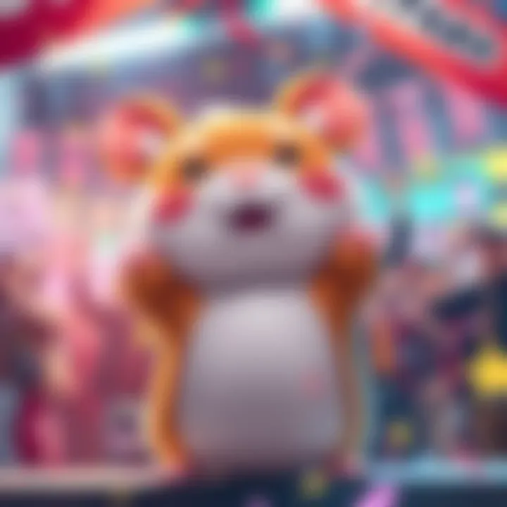 A vibrant scene with Hamtaro, the cute hamster character, celebrating its 23rd anniversary on Toonami with fans holding banners and confetti in the background.