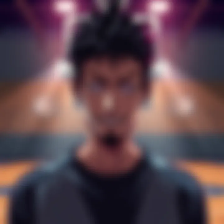 A close-up of Hanamiya, the villain, with a sly smile, standing in a basketball court, showcasing his dark charisma.