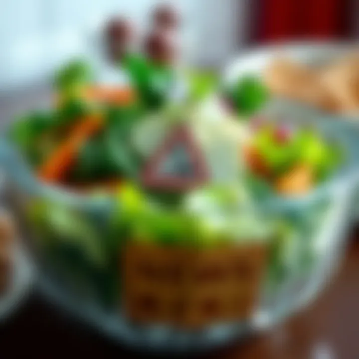 A close-up of a salad bowl with a warning sign depicting lead contamination, highlighting food safety concerns.