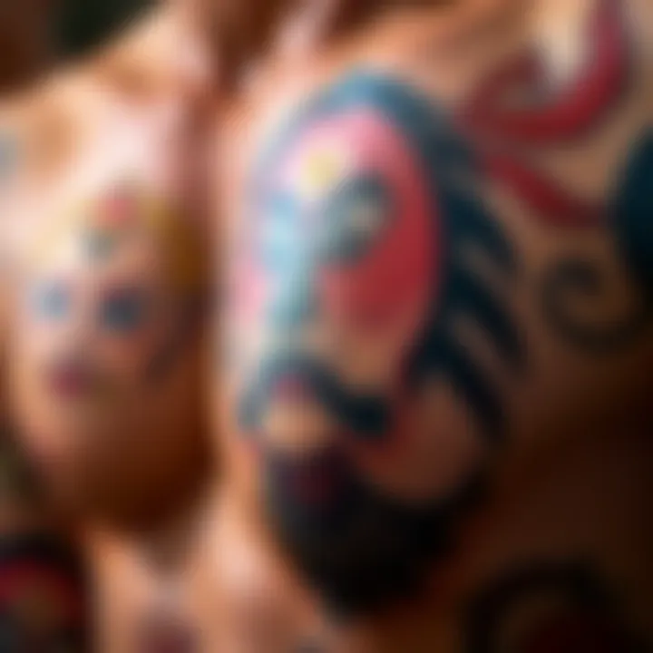 A close-up view of Hanayama's Standing Man tattoo showcasing its unique art and details on the skin.