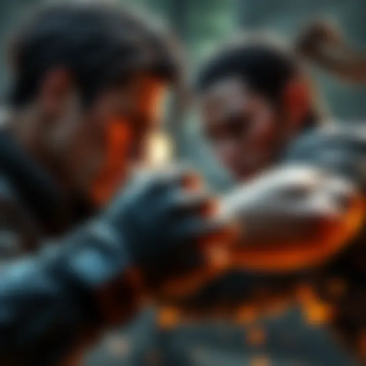 Close-up of two characters engaged in hand to hand combat, showcasing their intense expressions and fighting stance.