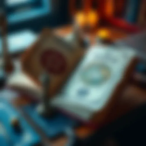 A beautifully crafted grimoire opened on a desk, featuring colorful pages and artistic designs with magical symbols.