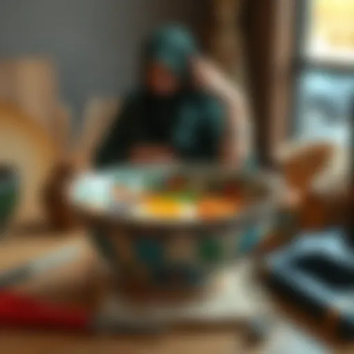 A colorful handcrafted ramen bowl made from pottery, showcasing artistic designs and a personal touch, resting on a table with tools nearby.