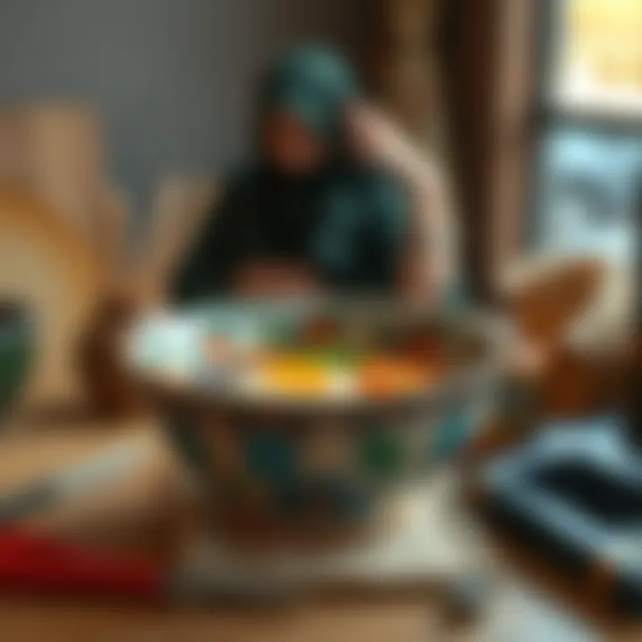 A colorful handcrafted ramen bowl made from pottery, showcasing artistic designs and a personal touch, resting on a table with tools nearby.