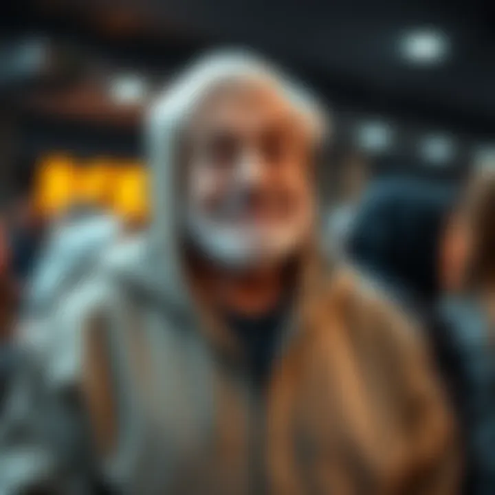 A handsome older man wearing a stylish hoodie, smiling and looking confident, attracting attention from the people around him.