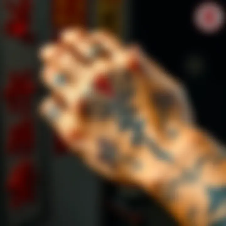Detail of Hanma's right hand featuring a distinctive tattoo design, showcasing its cultural significance and artistic expression.