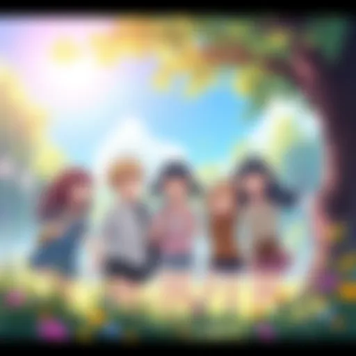 A group of cheerful anime characters laughing and playing in a vibrant park during a sunny day