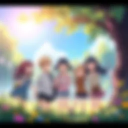 Happy anime characters enjoying a sunny day A group of cheerful anime characters laughing and playing in a vibrant park during a sunny day