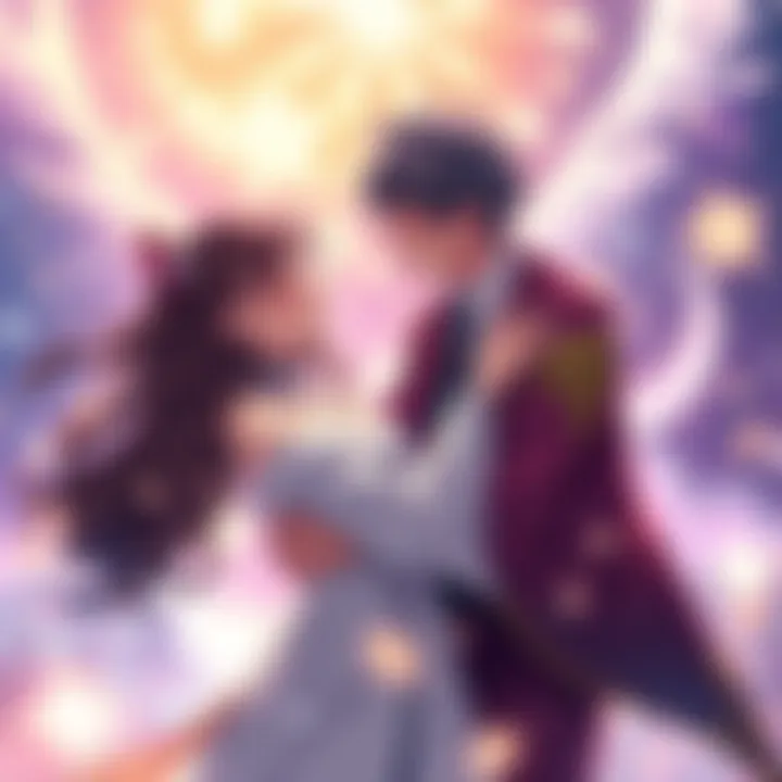 A joyful anime couple sharing a warm embrace in a vibrant fantasy world, surrounded by magical elements
