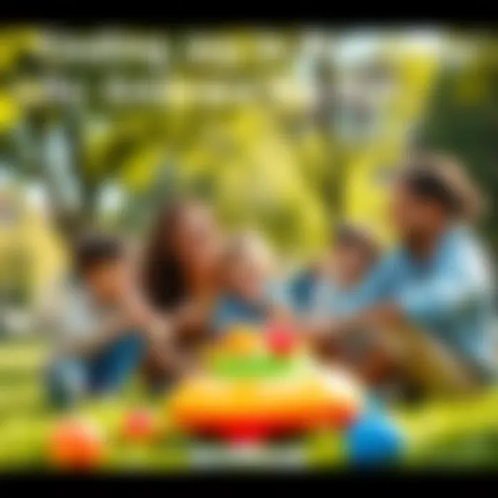 A family laughing and playing in a sunny park, enjoying their time together with games and fun activities.
