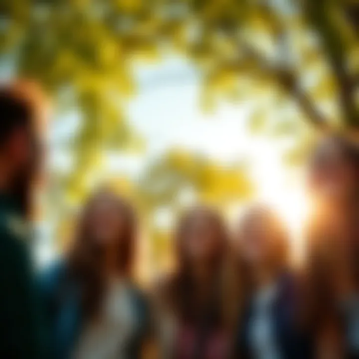 A group of friends smiling and sharing positive energy in a sunny park