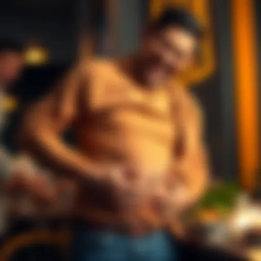 A cheerful person clutching their stomach, laughing heartily after enjoying a large feast, embodying the funny regret of overeating.