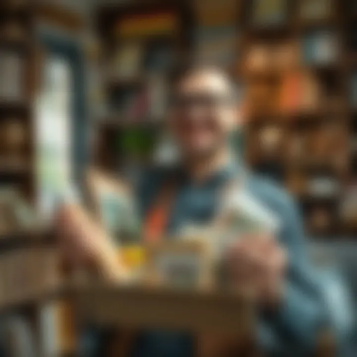 A joyful collector holding a complete set of items, smiling with pride in a cozy room filled with collections, surrounded by shelves of similar items.
