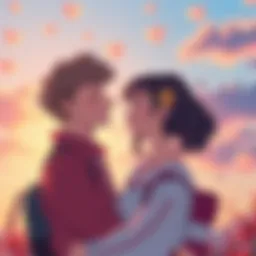 A joyful couple in a colorful anime setting, sharing a sweet moment together, with a soft sunset background