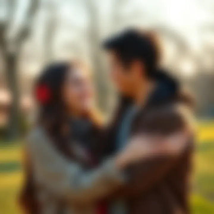 Happy Couple Smiling Together A cheerful couple sharing a warm embrace, smiling at each other in a sunny park.