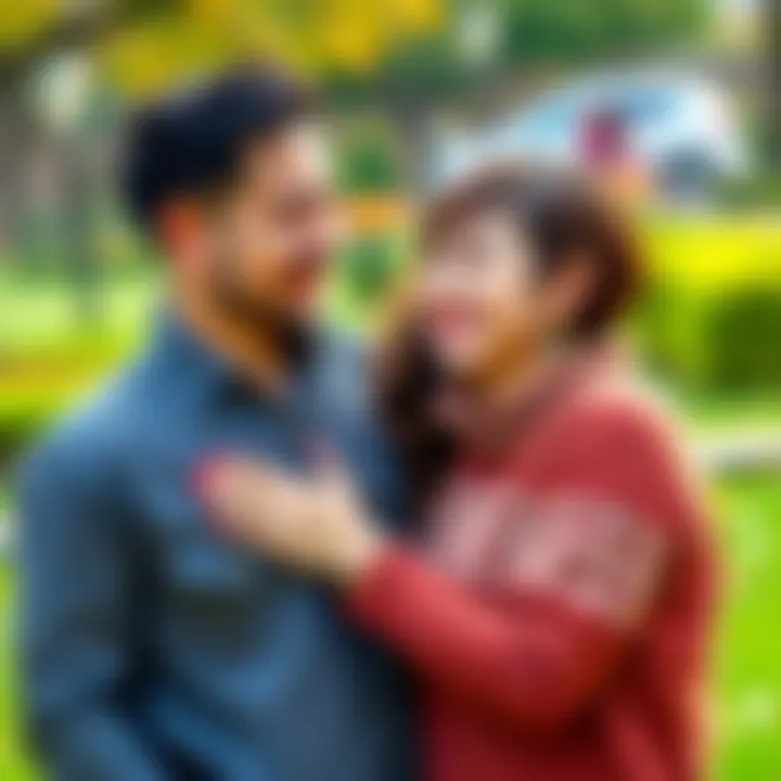A joyful couple sharing a sweet moment in a park, smiling at each other