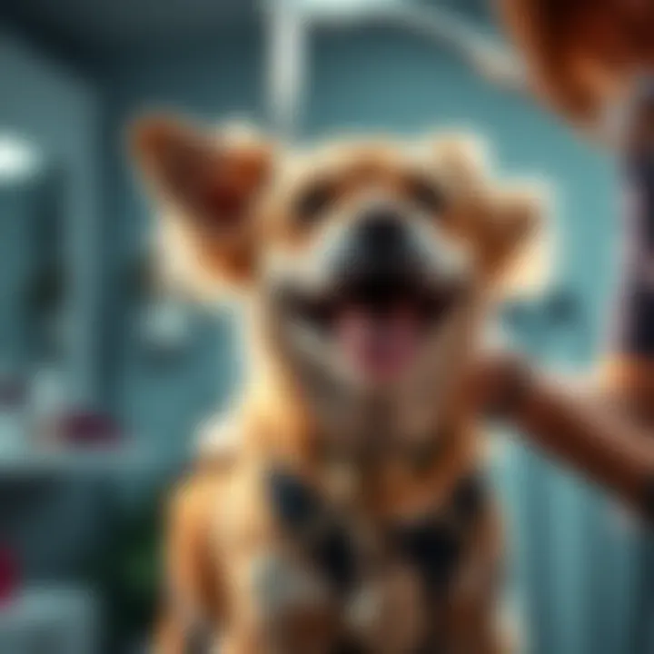 A cheerful dog getting groomed by a pet care professional, showcasing the importance of pet grooming and care