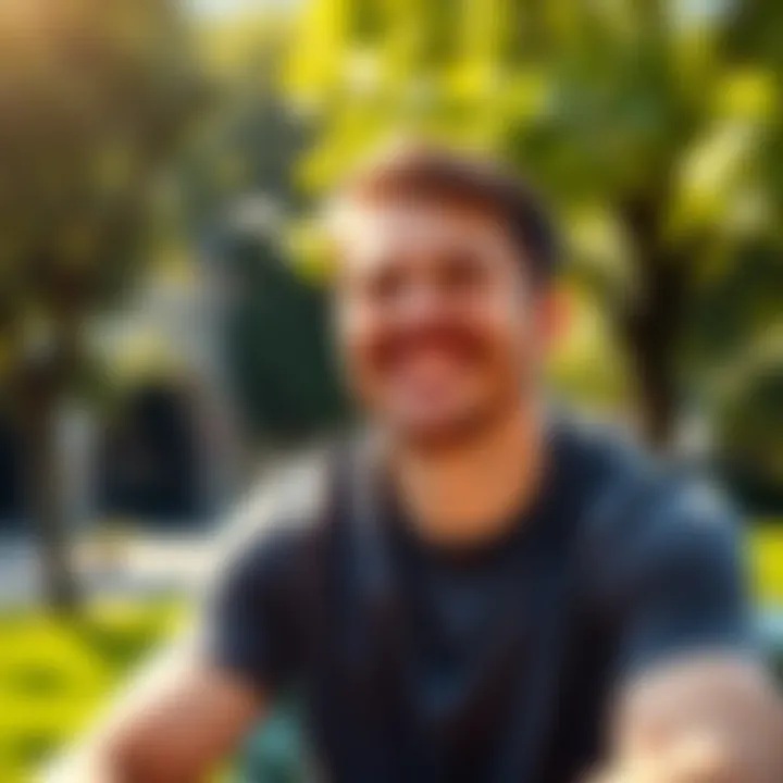 A cheerful man with a big smile, sitting outdoors in a sunny park, representing joy and happiness factors.