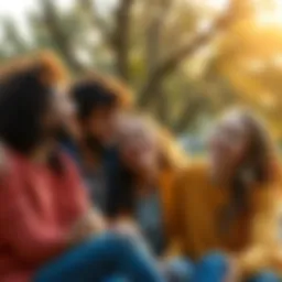 Happy people laughing together A group of friends laughing and enjoying each other's company at a park