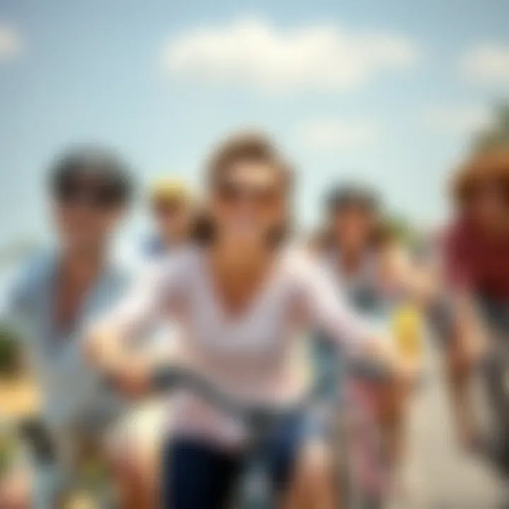 A group of people smiling while riding their bicycles on a sunny day