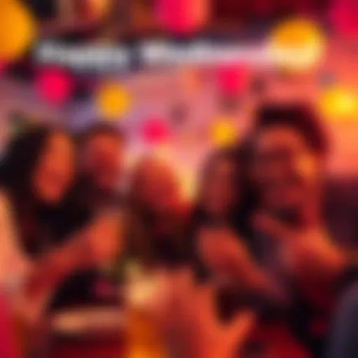 A group of friends joyfully celebrating Wednesday with smiles and laughter, surrounded by colorful decorations, emphasizing good vibes and midweek fun.