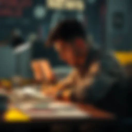 A person focused on their work at a desk, surrounded by notes and a laptop, illustrating dedication and effort.