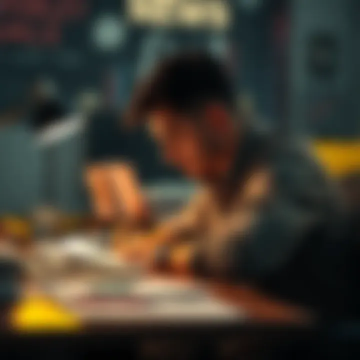 A person focused on their work at a desk, surrounded by notes and a laptop, illustrating dedication and effort.