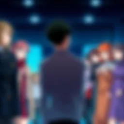 Main character rejecting female leads A scene showing a male character surrounded by several female characters, all looking surprised as he turns away from them.