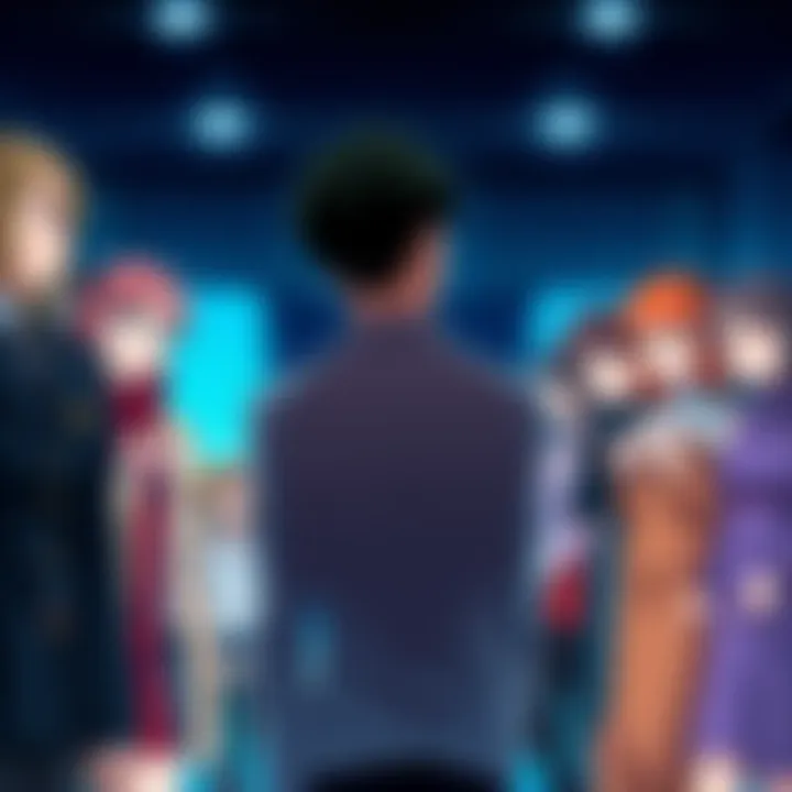 Main character rejecting female leads A scene showing a male character surrounded by several female characters, all looking surprised as he turns away from them.