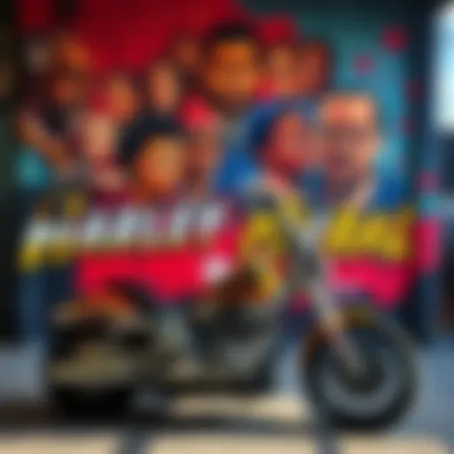 A vibrant mural depicting historical figures and themes related to power and equality, featuring a motorcycle at the center.