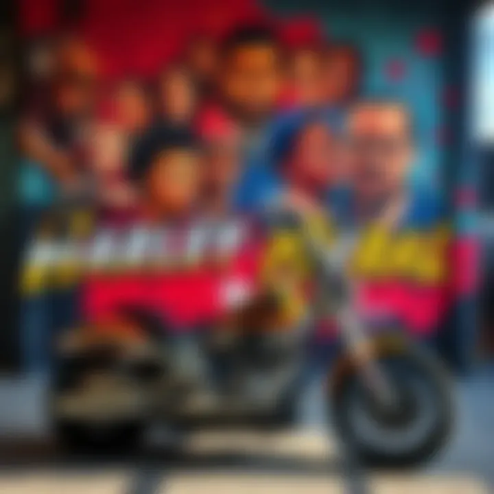 A vibrant mural depicting historical figures and themes related to power and equality, featuring a motorcycle at the center.