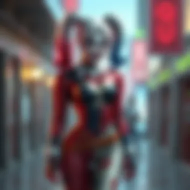 Harley Quinn Lucy stands confidently, showcasing a vibrant outfit and playful demeanor, embodying a blend of humor and strength.