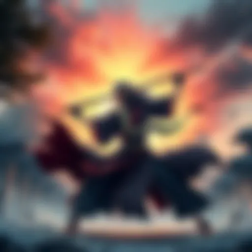 Hashirama Senju, the First Hokage, wielding a large wooden staff in a fierce battle stance, surrounded by trees and a dramatic sky.