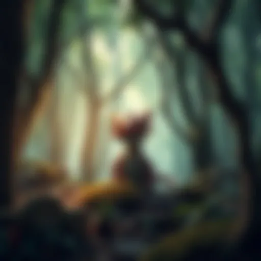 A small dragon hatchling surrounded by trees in a dense forest, looking curious and ready for adventure.