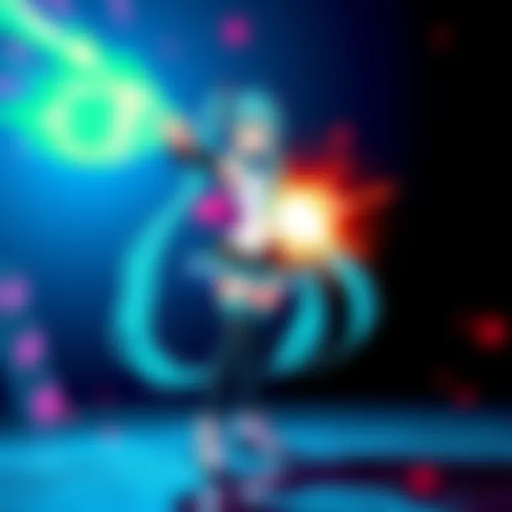 Hatsune Miku stands confidently with a glowing Miku-Miku Beam ready to fire, showcasing her powerful attack in a vibrant, animated style.