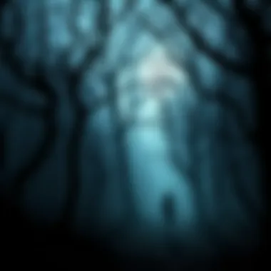 A dark, eerie forest with twisted trees and shadows, setting a fearful atmosphere for a horror story.
