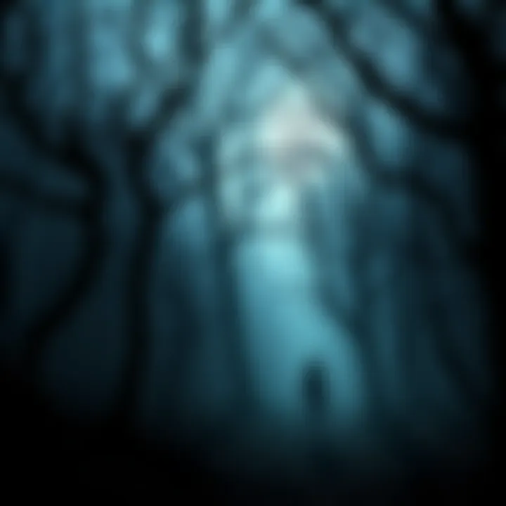 A dark, eerie forest with twisted trees and shadows, setting a fearful atmosphere for a horror story.
