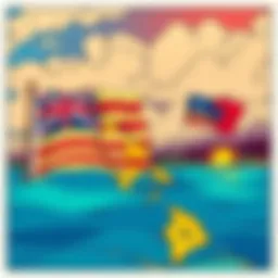 A colorful manga panel showing Hawaii with a 50-star flag, symbolizing its statehood, alongside a scene depicting an alternate timeline where annexation did not occur, emphasizing themes of imperialism.