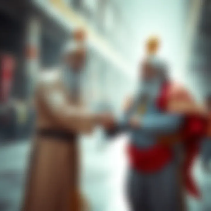 He and Super Kami Guru standing side by side, smiling and shaking hands, showing a friendly connection.