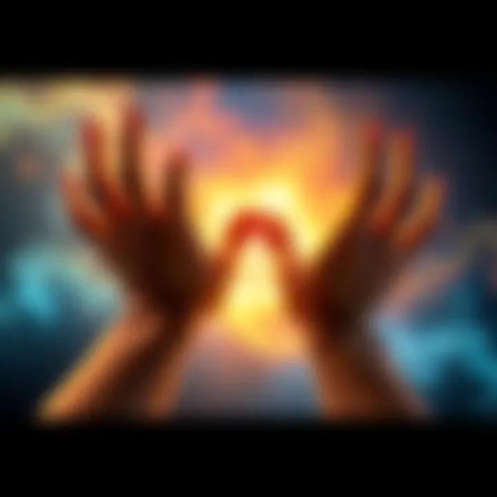 Achi1019's artwork showing hands reaching out with a warm glow, symbolizing healing and connection