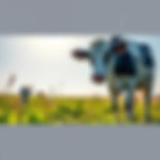 A healthy cow grazing in a green pasture, surrounded by grass and sunlight, symbolizing good cow health and quality milk production.