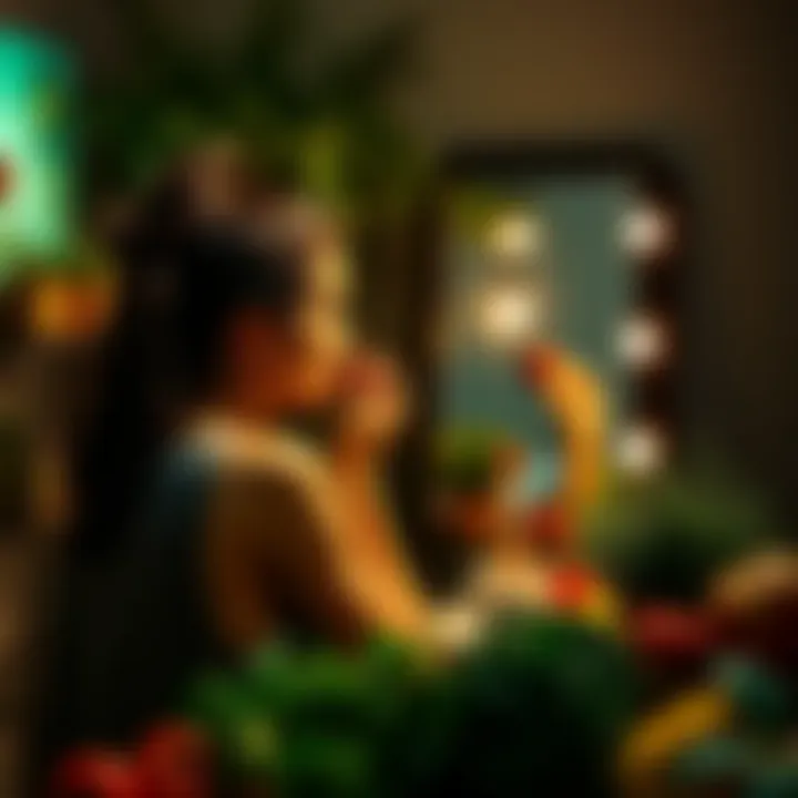Healthy Lifestyle and Makeup A woman applying makeup in front of a mirror while surrounded by healthy foods and plants, emphasizing the connection between health and beauty.