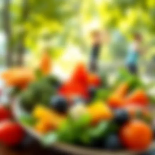 A vibrant plate of fresh fruits and vegetables with a person exercising outdoors, representing healthy living in 2026.