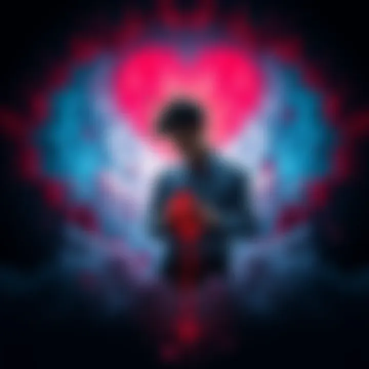 A heartbroken figure surrounded by dark clouds, symbolizing sorrow and loss, with a background of abstract shapes representing emotional depth.