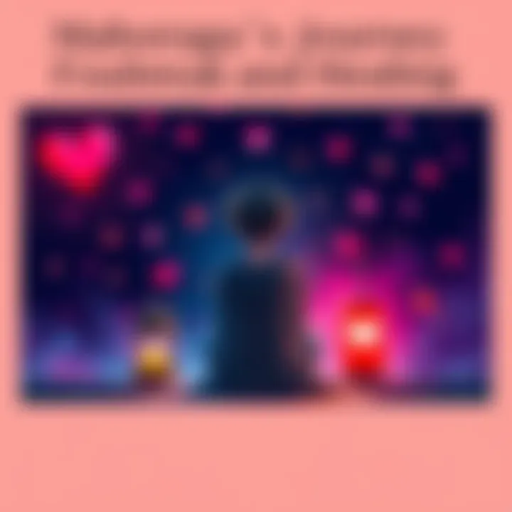 Heartbroken character sitting alone A character looking thoughtful while sitting alone, surrounded by symbols of love and loss